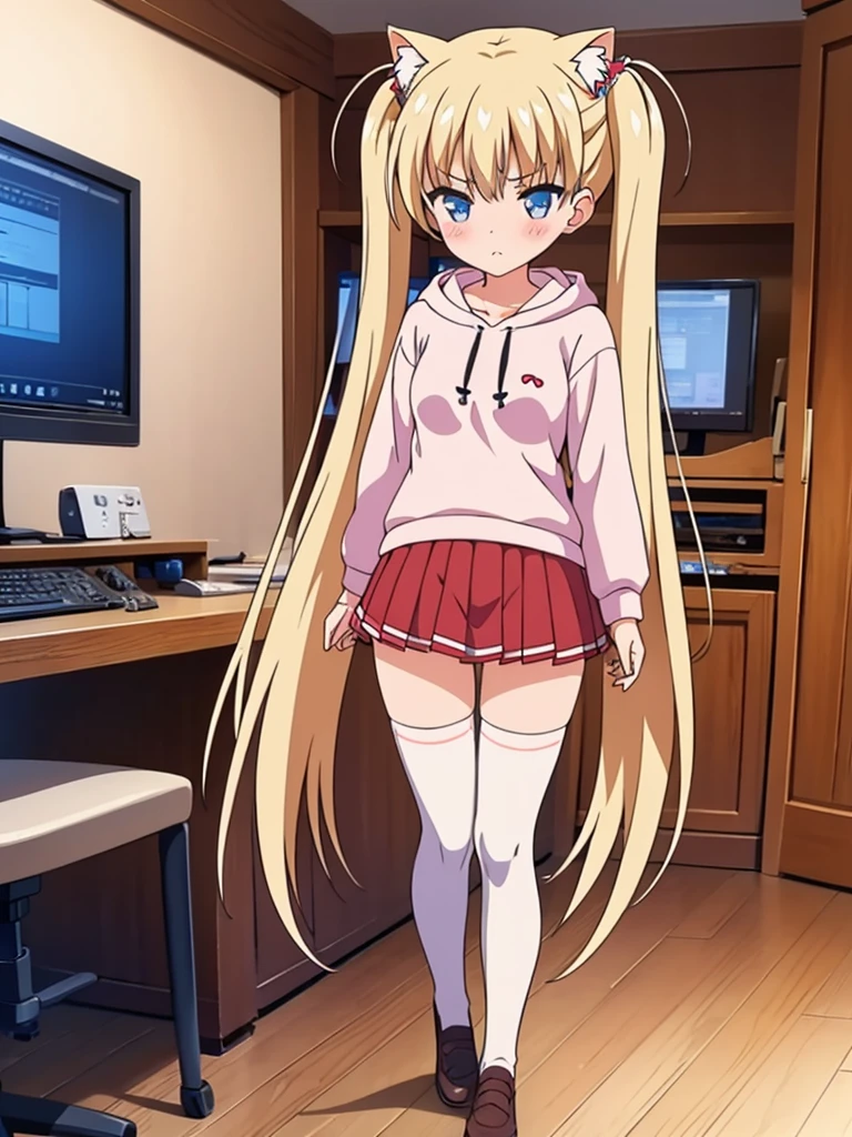 Girl long white hair blue eyes blush on face in PC gaming room Short pleated skirt long stockings cat hoodie great quality 8k very detailed image perfect anatomy full body nsfw