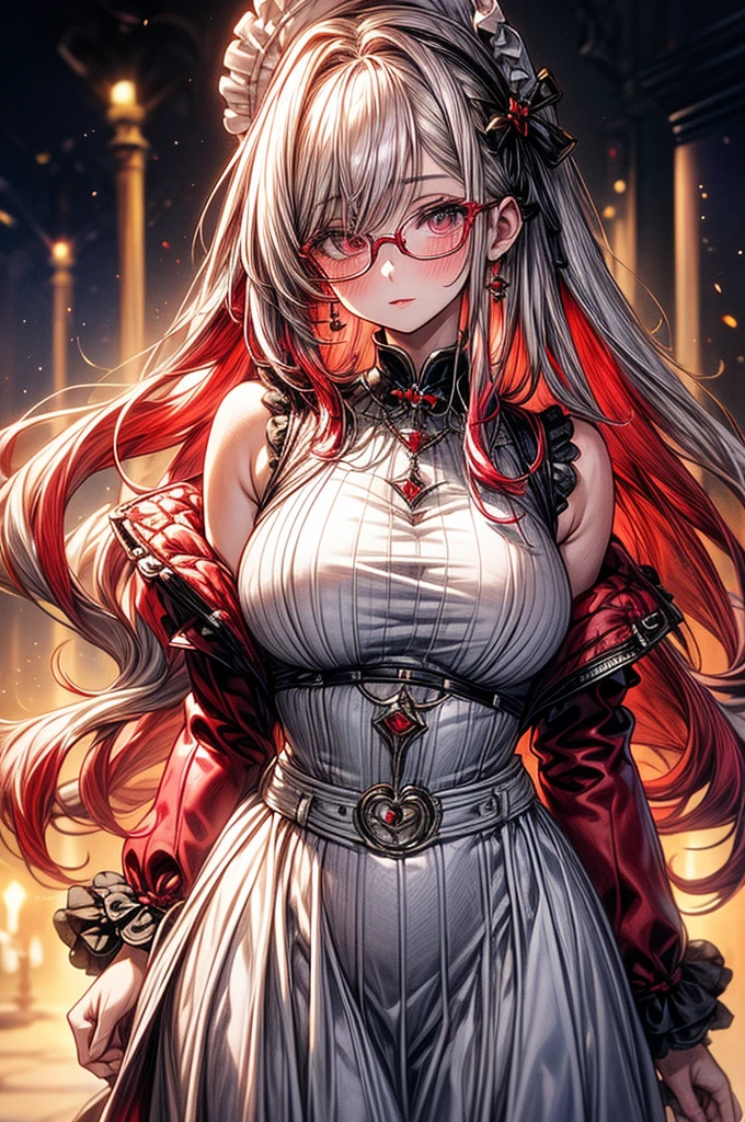 masterpiece, best quality, high-resolution, finely detailed, extremely detailed and beautiful, distinct_image, 1 girl, solo, beautiful young teenage girl, 13 years old, tanned white skin, long waist length hair(pink-red hair)(white highlights), soft facial features, heterochromatic eyes(left eye: silver)(right eye: red), elegant battle-styled sundress, cherry red plump lips, large E-cup breasts, short height(150cm). wide hips and plump large round ass, silver round-frame glasses, athletic and toned body