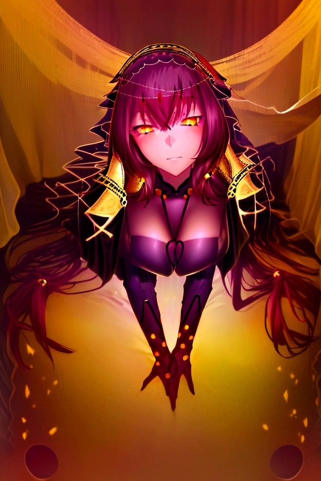 (high quality),light blush, looking at viewer, huge breasts, precise hands, sexy pose, scathach, long hair, red hair, (yellow eyes:1.5), blue navy lingerie, fine lingerie, lace lingerie, blue navy stockings, thight stockings, detailed bedroom in the background