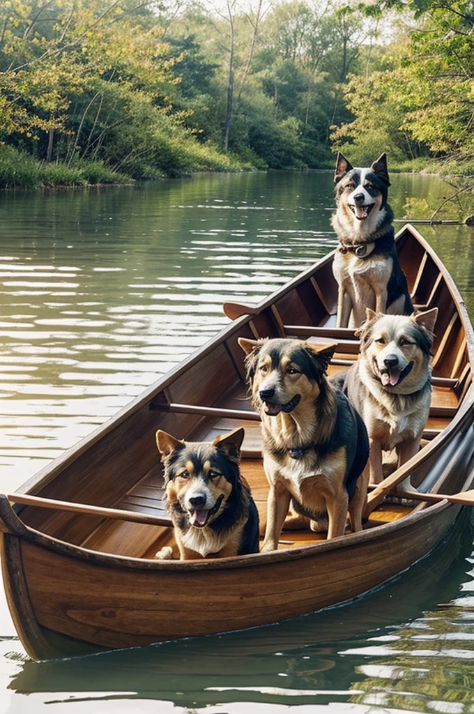 Draw a sketch of two old dogs on a canoe. 