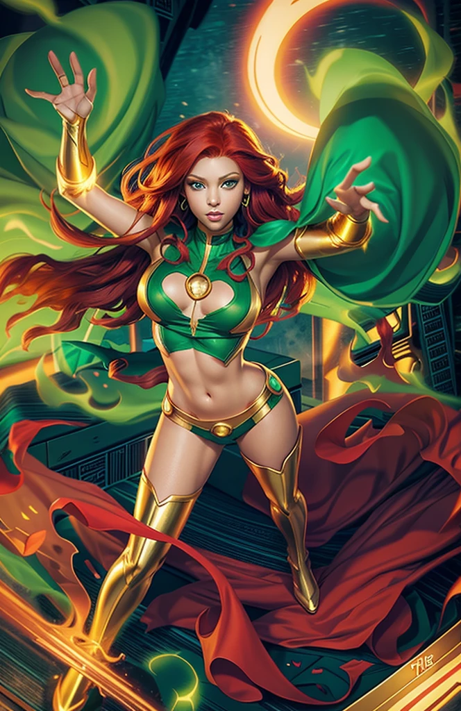 The character Starfire,vast curly red hair, perfect costume, gold skin, bright green eyes, smooth curves, beautiful girl