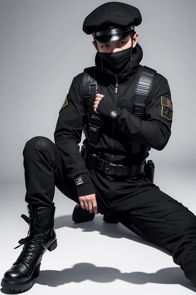 1 man, black uniform, Black cap, Black balaclava, fingerless gloves, black combat boots, tactical belt with leg holster, static pose, white background 