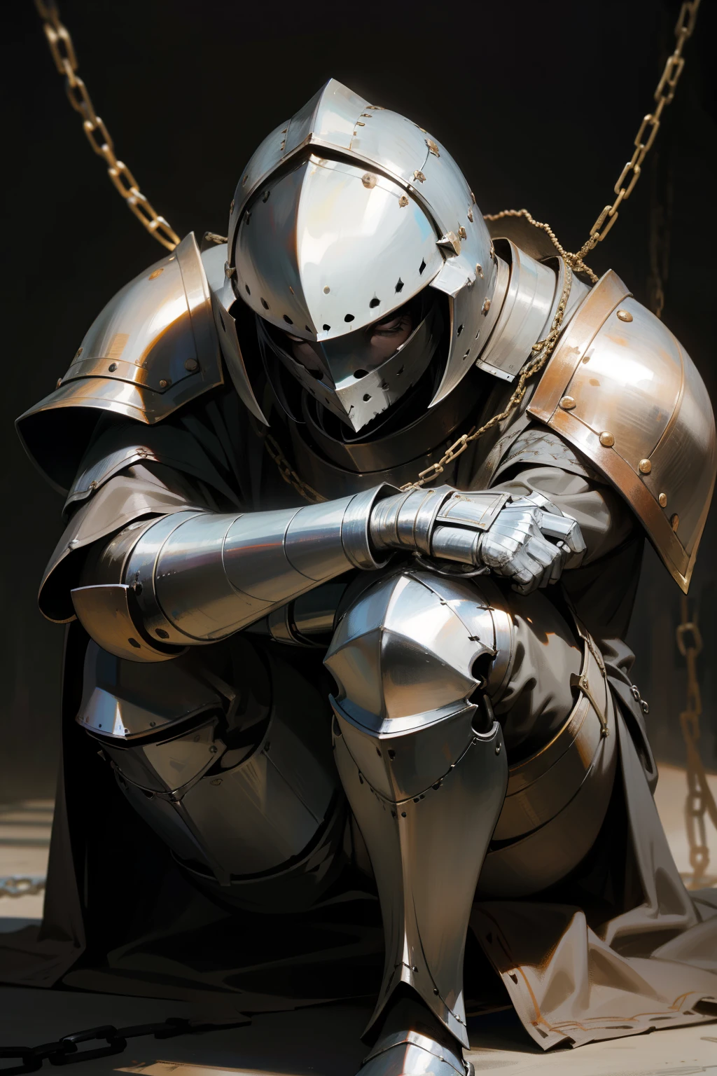 Medieval Knight, Framed, Sole Individual, Facing the Camera, Dressed in Heavy Armor, Mugshot, Worn and Tarnished, Spectacular, High Quality, Detailed Texture, Close-up, Hands Resting on Knees, Slightly Slouched, Face Showing Concern, Chains Clanking, Shadowed, Dark Background, Dented Helmet, Contrasting Lighting, Brooding Expression, Serious Consequences, Whispers Echoing from the Past.