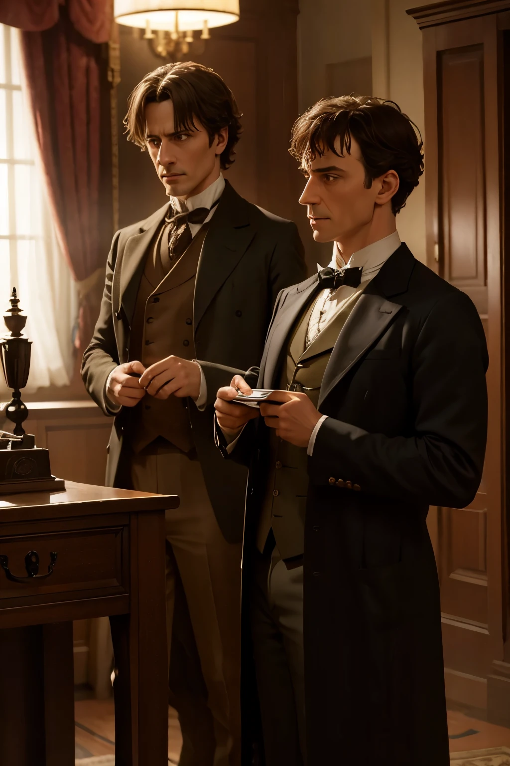 the famous detectives Sherlock Holmes and Doctor Watson examine Mata Hari's box, mystery film scene, mystery, room with simple furniture from the Victorian era, from a window you can see London at night in the Victorian era.