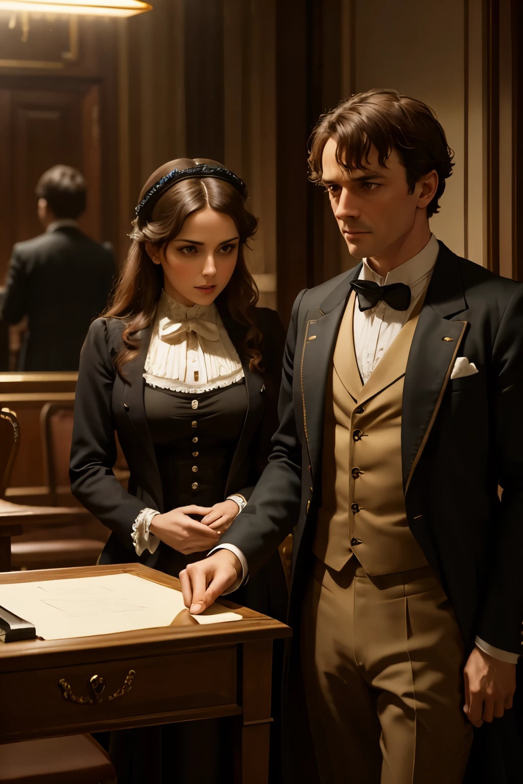 the famous detectives Sherlock Holmes and Doctor Watson examine Mata Hari's box, mystery film scene, mystery, room with simple furniture from the Victorian era, from a window you can see London at night in the Victorian era.