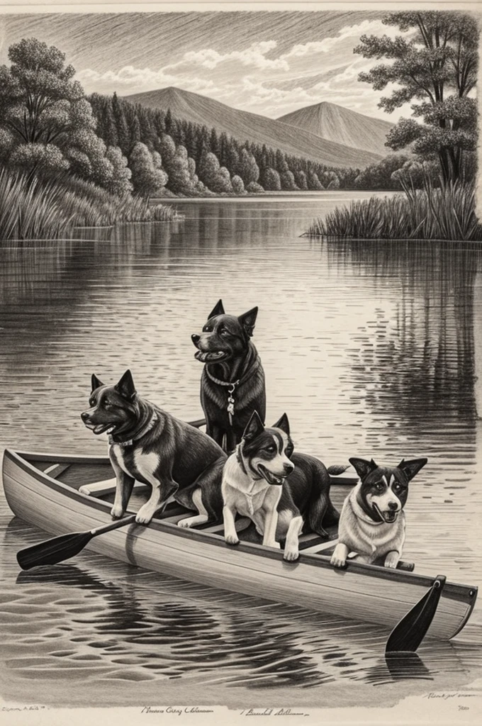 Make a pencil sketch of two old dogs on a canoe.