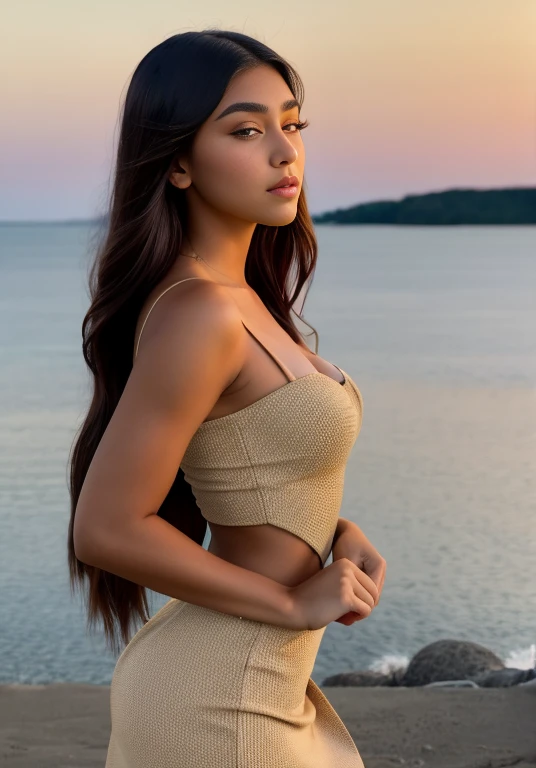 a woman in a tan dress standing next to a body of water, Pocahontas, indian goddess, madison beer as leeloo, indian girl with brown skin, The character is in his natural pose., beautiful face and figure, retrato de Pocahontas, Beautiful goddess, retrato de un joven Pocahontas, Shot from the side