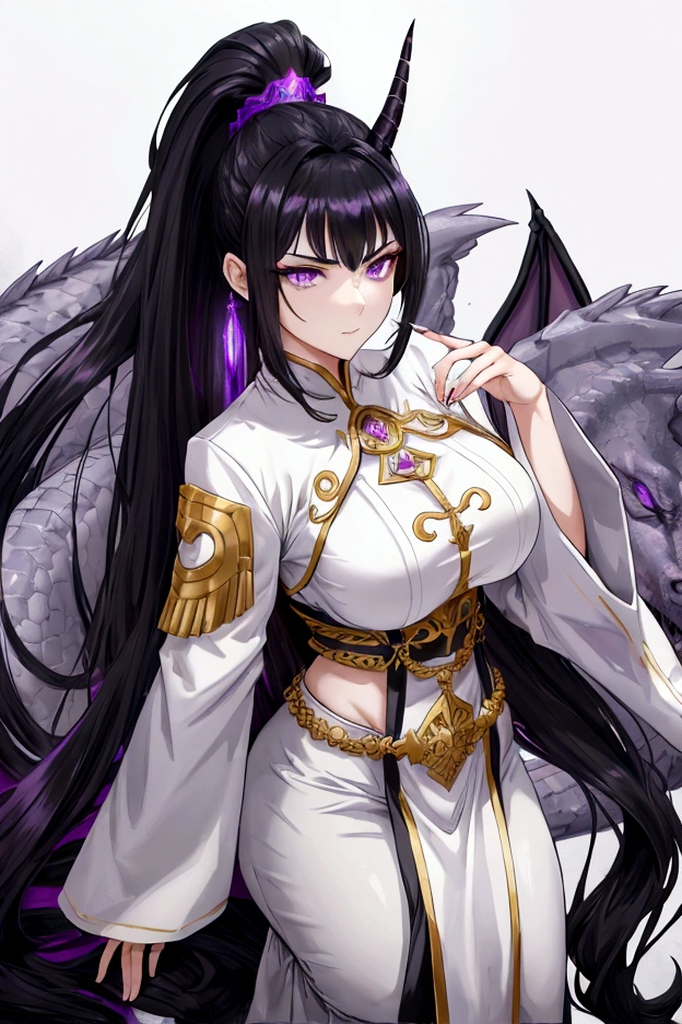 An adult tall woman, a war goddess, black hair with gray streaks, high ponytail, purple eyes, dragon horns and tail, divine light, muscular physique, white divine clothes, indifferent gaze