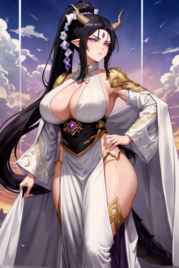 An adult tall woman, a war goddess, black hair with gray streaks, high ponytail, purple eyes, dragon horns and tail, divine light, muscular physique, white divine clothes, indifferent gaze