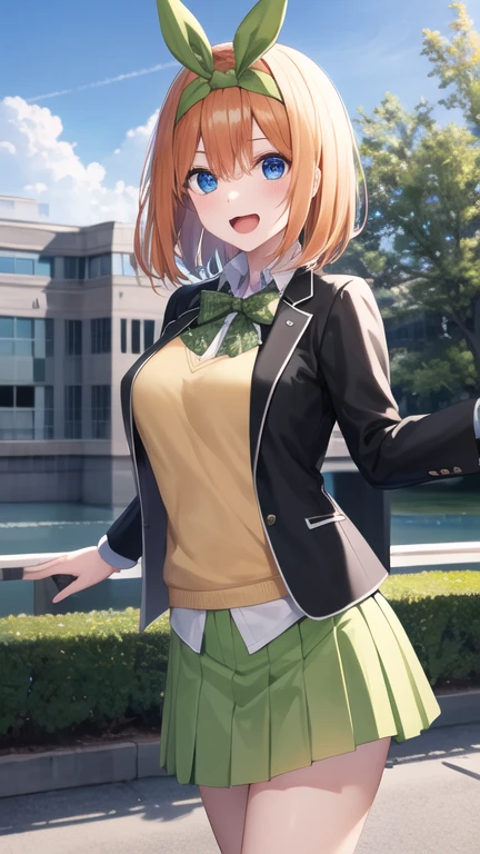 masterpiece, best quality, highres, aayotsuba, short hair, hair ribbon, green ribbon, hairband, green bow, sweater vest, blazer, black jacket, open clothes, long sleeves, green skirt, pleated skirt, standing, cowboy shot, outdoors, smile, open mouth,