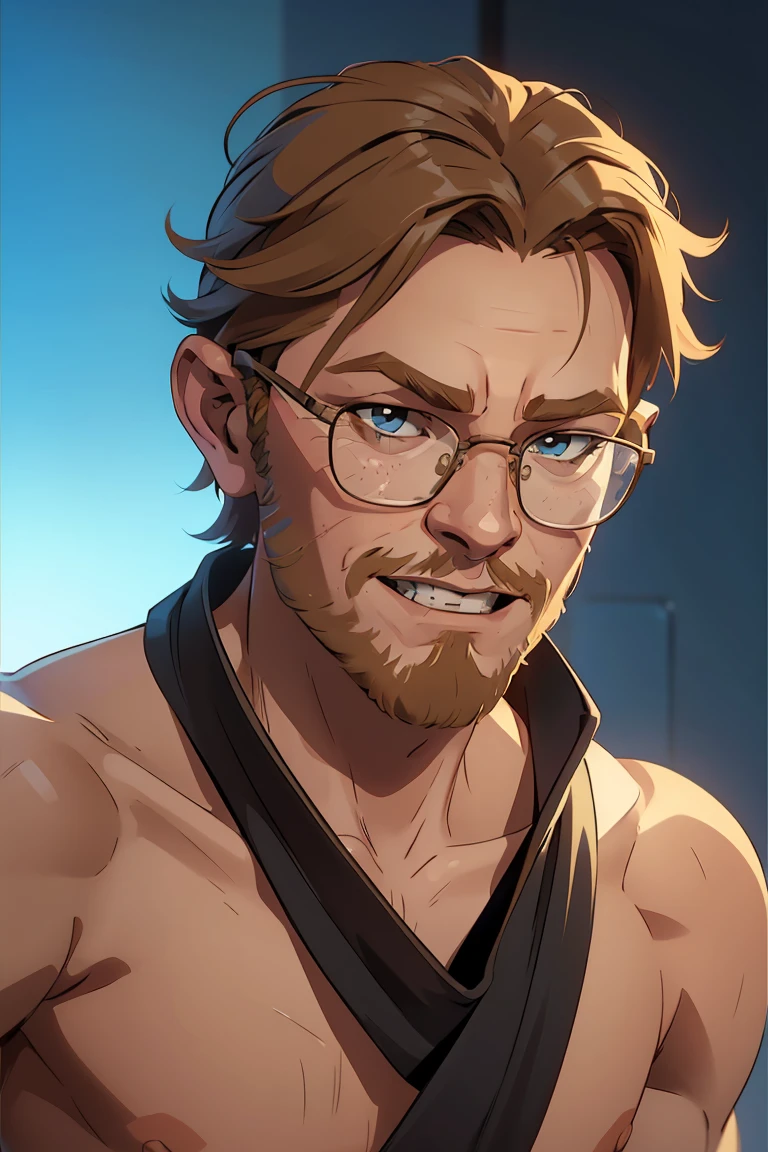 Young Obi Wan Kenobi played by the actor Ewan McGregor from the Star Wars Episode 3, 1male, 4k, highly detailed, slim, ((short hair)), (upper body portrait), ((nude)), plain white background, flat lighting, extremely exaggerated grin, wearing rimless glasses