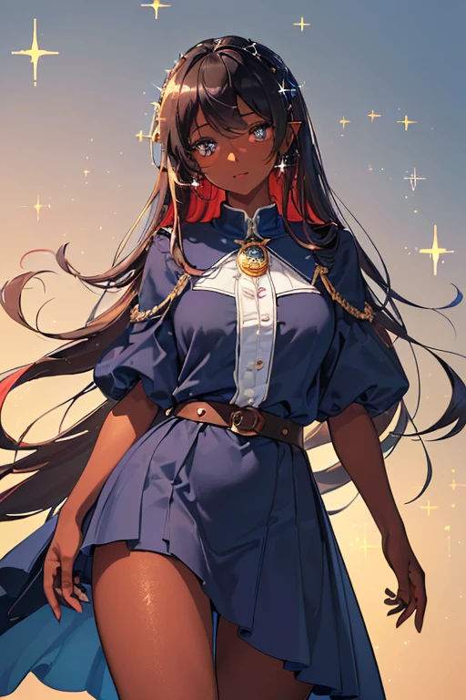 ((, Masterpiece: 1.5, best quality, high resolution: 1.3, super resolution, super detailed, ultra detailed: 1.3, Perfect Anatomy:1.5, 1 woman ) dark skin + strawberry hair + dark eyes + long eyelashes + female figure + freckled cheeks (hogwarts uniform, ravenclaw colors) ((adorable open eyes, friendly cute expression, sparkle in eyes))
