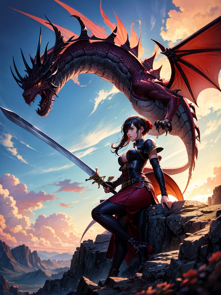 Highest quality,Highest Resolution,１People Girls,Fighting a big dragon,Holding a sword,