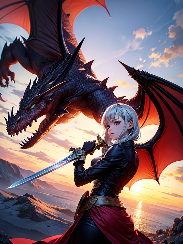 beautiful female warrior with a large flying dragon, blonde short hair, The City of Glas, Masaaki Sasamoto style <lora:add-detail-xl:2>