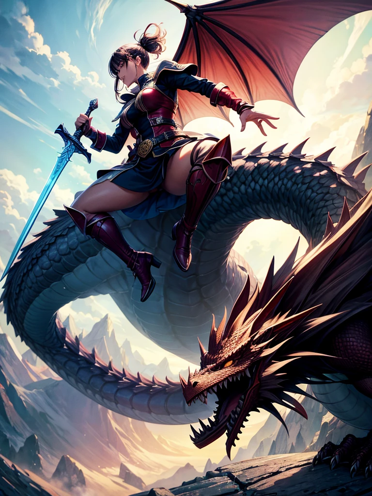 Highest quality,Highest Resolution,１People Girls,Fighting a big dragon,Holding a sword,