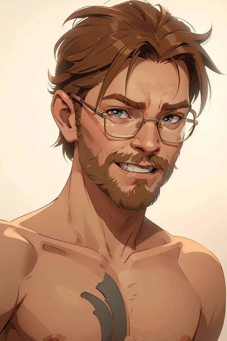 Young Obi Wan Kenobi played by the actor Ewan McGregor from the Star Wars Episode 3, 1male, 4k, highly detailed, slim, ((short hair)), (upper body portrait), ((nude)), plain white background, flat lighting, extremely exaggerated grin, wearing rimless glasses