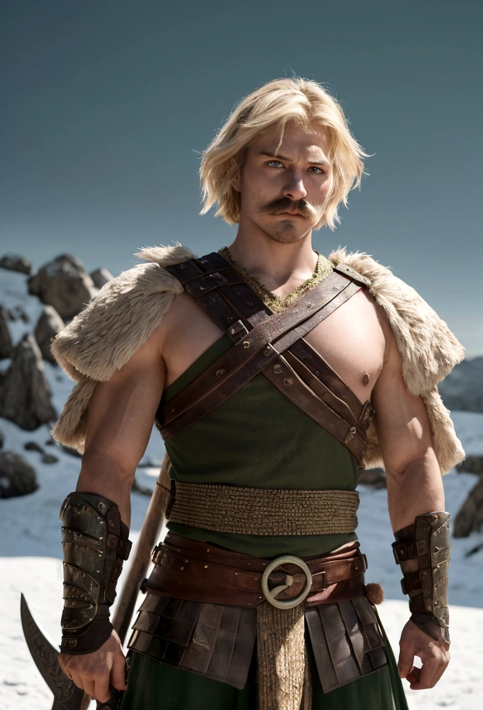A fierce 26 year old warrior man, green eyes, short blonde hair, mustache. Strong muscles, dressed in medieval armor and wielding a formidable weapon, showing his warrior spirit. Make sure your backdrop reflects the rugged beauty of a Viking landscape, Bright Light Eyes, HD, 8K