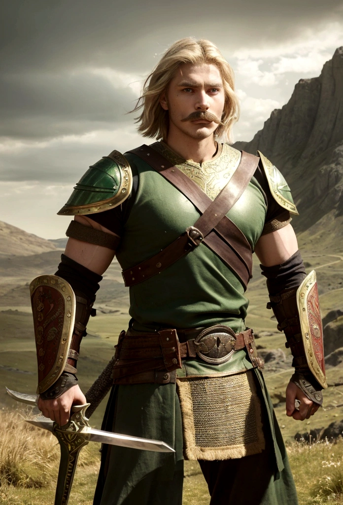 A fierce 26 year old warrior man, green eyes, short blonde hair, mustache. Strong muscles, dressed in medieval armor and wielding a formidable weapon, showing his warrior spirit. Make sure your backdrop reflects the rugged beauty of a Viking landscape, Bright Light Eyes, HD, 8K