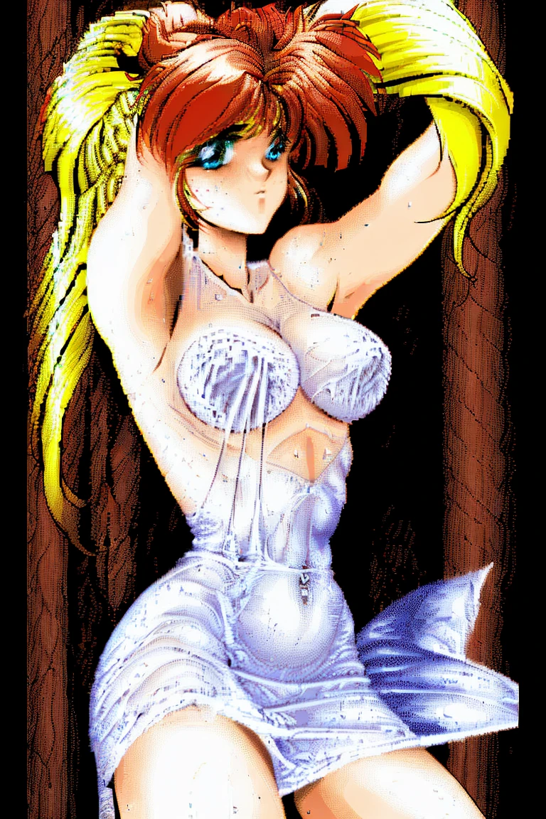 {{{1990s style,retro artstyle,pc98,pixelart,game cg}}},{{red ribbon,blunt bangs,green eyes,ringlets,twin drills,yellow hair.lace}},large breasts,princess,undress,sweat,steam,smug, nose blush,princess dress,armpits