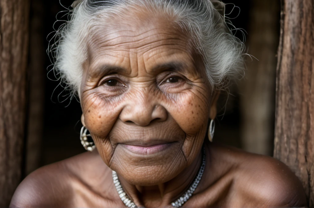 professional close up photography of 95 yo aborigines woman, skin with dimples and moles, background farm