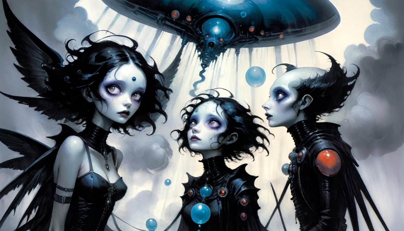 High Resolution, High Quality , Masterpiece .Hyper-realistic ink drawing with surreal colors, elements of absurdity in the style of Gerald Brom featuring post mortems aflame as a reference to tim Burton,bloodletting, broken hearts, pillls, and hemoglobin bubbles ascending into a firie sky, chiaroscuro lighting enhancing symbols of departed love, a Ufo adorned with angels emitting an air of melancholy, atmospheric mood. Macabre horror,scary stories slight details, surrealism, expressionism