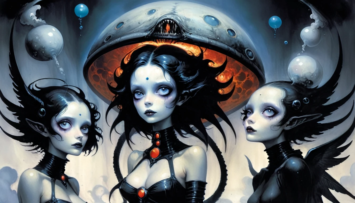 High Resolution, High Quality , Masterpiece .Hyper-realistic ink drawing with surreal colors, elements of absurdity in the style of Gerald Brom featuring post mortems aflame as a reference to tim Burton,bloodletting, broken hearts, pillls, and hemoglobin bubbles ascending into a firie sky, chiaroscuro lighting enhancing symbols of departed love, a Ufo adorned with angels emitting an air of melancholy, atmospheric mood. Macabre horror,scary stories slight details, surrealism, expressionism