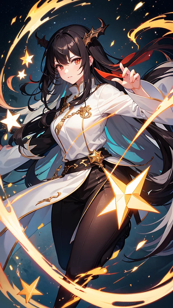 with a dragon appearance and black hair with a white streak, and star details , whole body