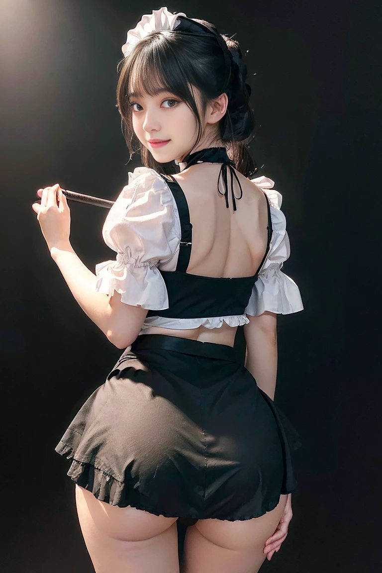 (Highest quality, Super detailed, High resolution, 8K images),(Highest quality, Super detailed, High resolution, 8K images)(Very beautiful girl:1.3), Asian Girl, 1 Girl, Light on the face, 20-year-old, (((A very kind smile))),(Black thighs、Maid、Maidの頭飾り、Short sleeve、Frills、choker、Maid apronl、Puffy sleeves、Wrist cuff、Grab the skirt、Self Lift:1.3)、)(Showing panties:1.3) ,((Show me your)), ((Stick your butt out)),(Squat with legs apart), Fine and beautiful eyes,Perfect Proportions,(Overflowing big),(A full-body shot from behind), Very beautiful and cute girl,22 years old,(anime),Kamimei, Pitch black background,(Solid black background),alone, (Showing panties:1.3) ,