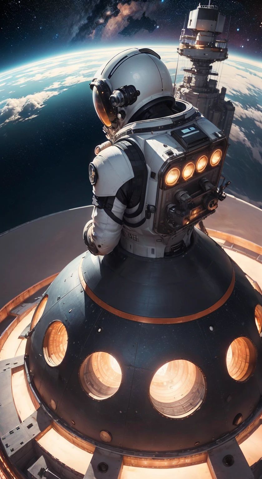 (Best Quality, 4k, ultra detailed, high resolution, Masterpiece: 1.2),(wide angle, Character from a Distance:1.5), There is a character seen from afar, located on a high observation point:1.4. It is small compared to the surroundings., highlighting the magnitude of the ship. The character is equipped with a space suit:1.5, with flashing lights and mechanical details.view of outer space: Through the ship&#39;s openings, you see a vast starry space. The stars are unevenly distributed., creating variable densities and suggesting the remoteness of some celestial objects.