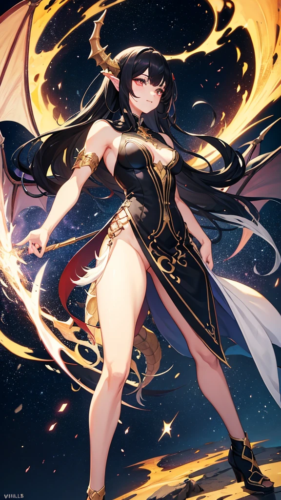  with a dragon appearance and black hair and a white streak, and star details , whole body