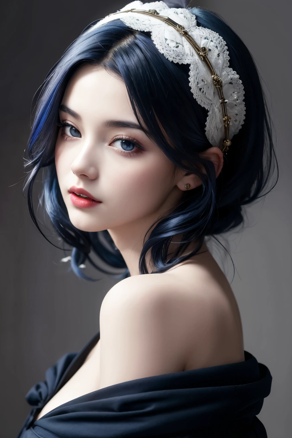 ((best qualityer)), ((work of art)), (detailded), 1 girl, dark blue hair, snow white skin, shorth hair