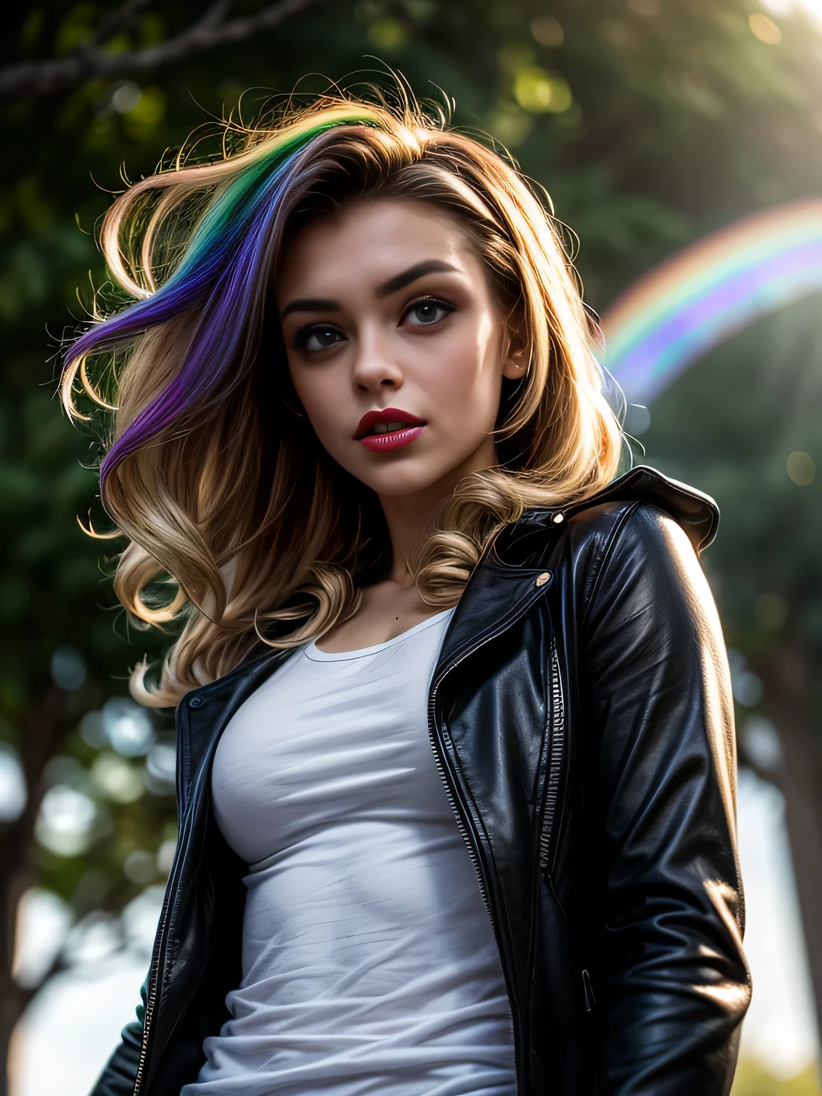 (masterpiece, photorealistic:1.4, extremely intricate:1.3, radiosity, photon mapping, dtx), ((20 year old athletic supermodel, ((25 years old), serious, long eyelashes, makeup:1.2), black leather coat, white t-shirt, ((from below)), red lips)), ((([skin detail:freckles:0.5], portrait))), outdoor, Motorcycle, faraway motorcycle, professional photograph, (((long curly [blonde hair:rainbow colored hair:0.1])), wind), BREAK ((intense sunlight, ((film grain))), bokeh), BREAK, ((([small breasts:medium  breasts:0.3])))