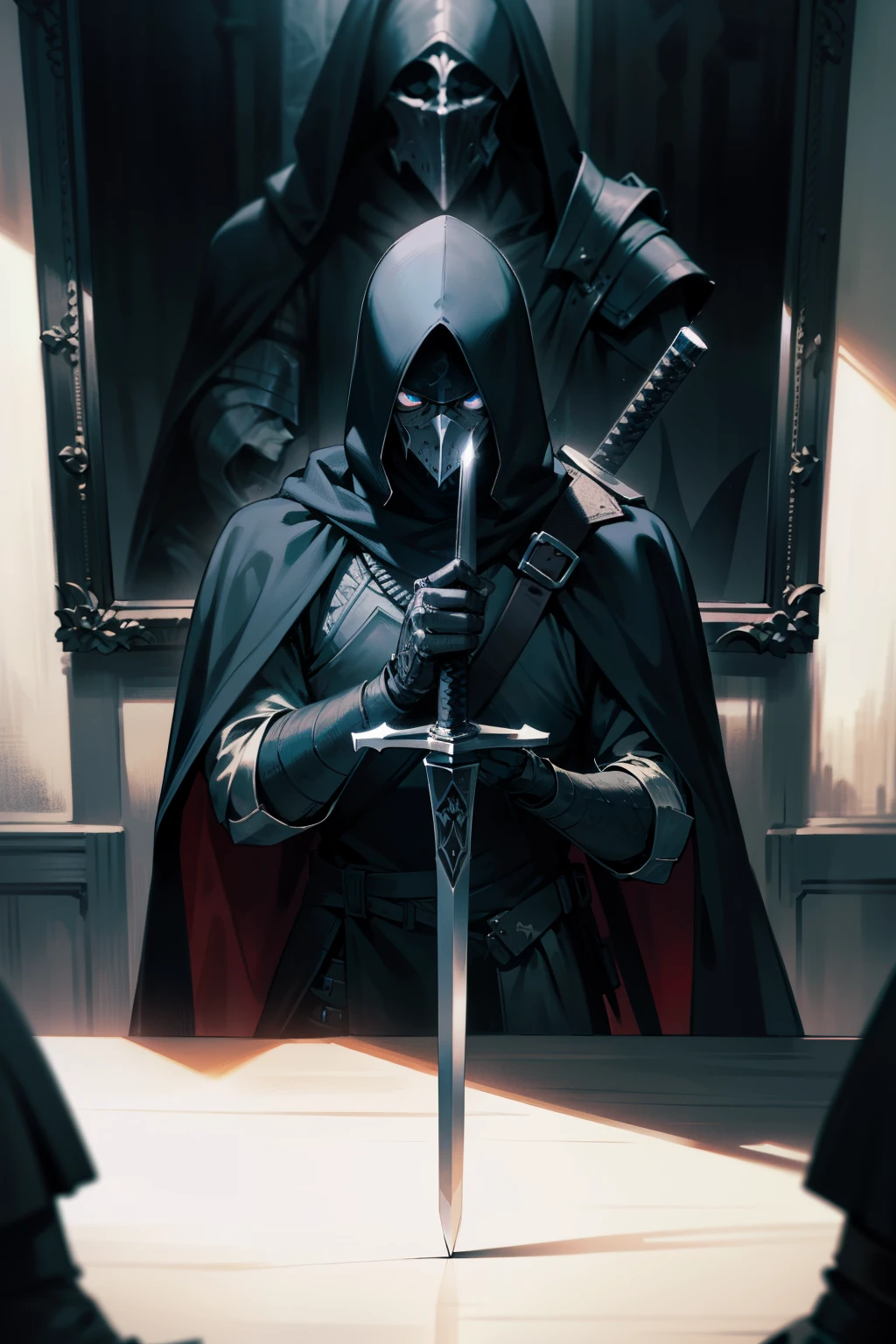 An ominous mugshot features a shadowy knight-assassin, framed by the cold harshness of the prison setting. The knight wears black armor polished to a mirror sheen, with a sinister mask that hides his identity. His piercing, cold blue eyes seem to pierce right through the photograph, filled with an intensity that suggests a dangerous and calculating mind. A wanted sign hangs in the background, warning of the high bounty on his head. In the foreground, the knight's right hand is casually resting on the hilt of a menacing sword, which seems ready to spring to life at any moment. This knight-assassin is