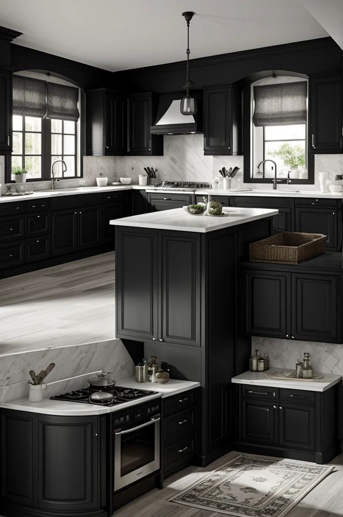 Très grande Cuisine old money pour un manoir (gris,noir, blanc, doré)