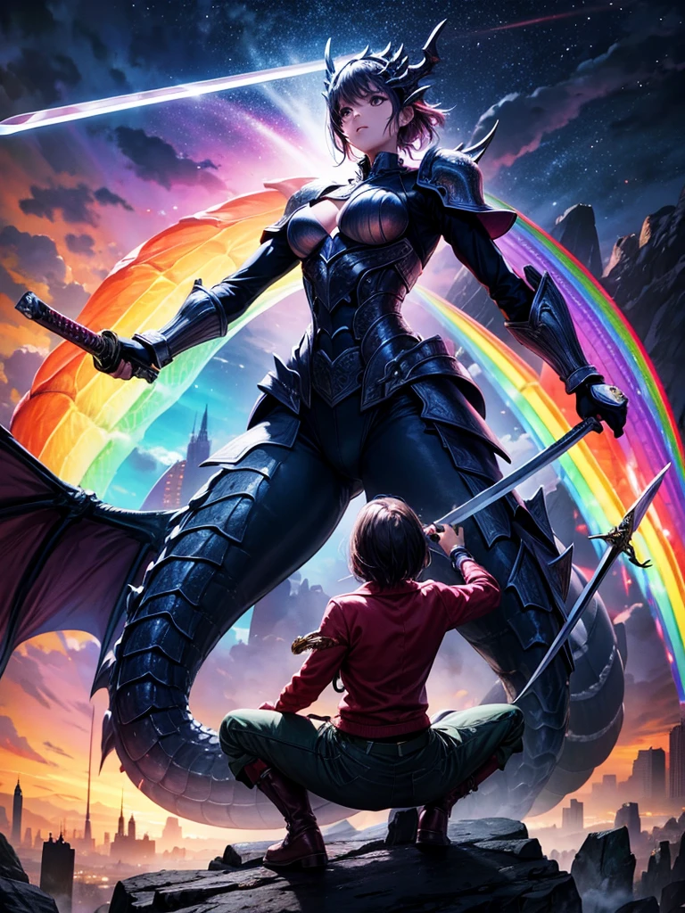 Highest quality,Highest Resolution,1People Girls,Fighting a big dragon,Holding a sword,rainbow,city,