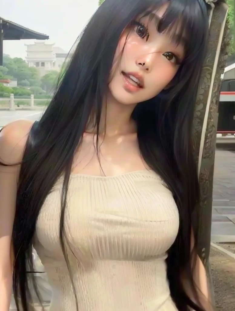 a close up of a woman with long hair wearing a tan top, Asian girl, 19 year old girl, beautiful Asian girl, 2 4 year old female model, korean girl, very beautiful girl, with long hair, beautiful chinese model, with long dark hair, 1 8 son, 18 years, long hair with full bangs