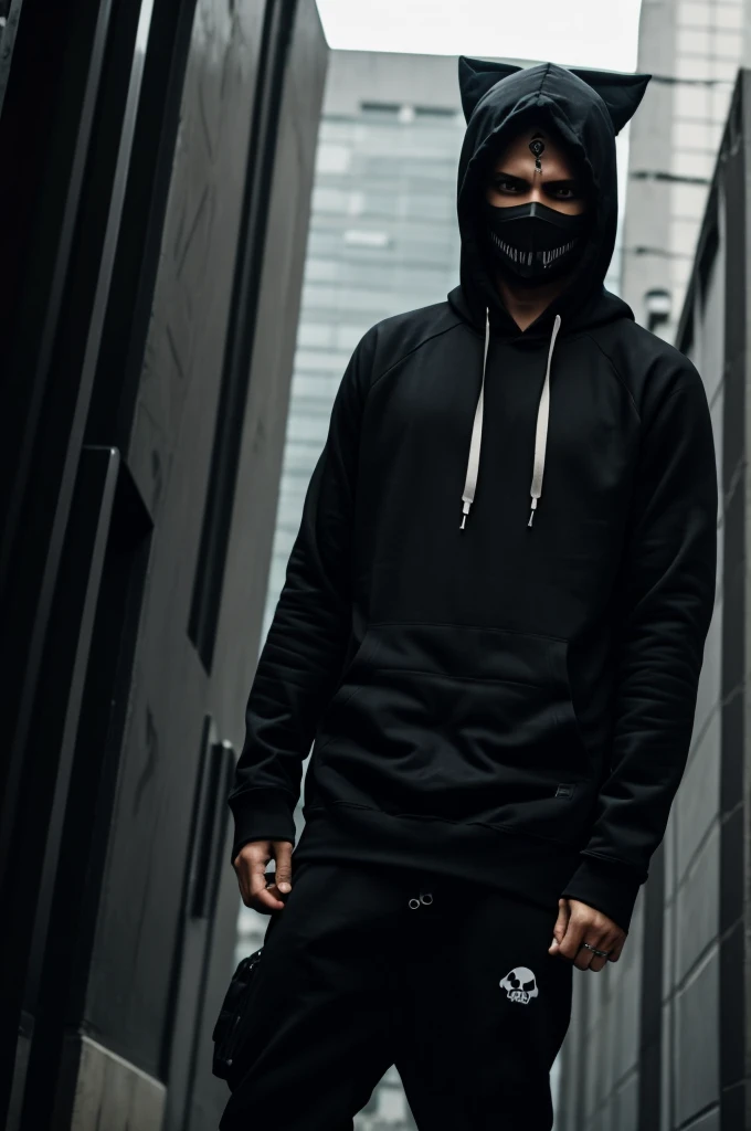 my fight against the demons from my past I am in a hacker outfit with a black hoodie and a mask that looks like a skull