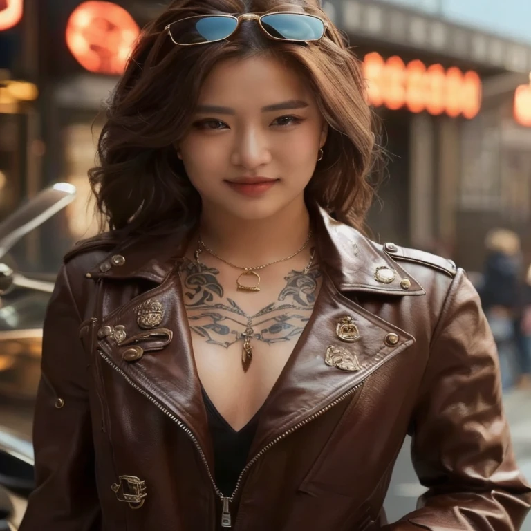 araffed woman with a tattoo on her chest and a หนัง jacket, very aesthetic หนัง jacket, wearing cyberpunk หนัง jacket, หนัง, brown หนัง jacket, in a brown หนัง maxi jacket, wearing a brown หนัง coat, she wears หนัง jacket, short brown หนัง jacket, หนัง jacket, หนัง clothes, นางแบบแฟชั่นผู้หญิงเกาหลี, หนัง clothing, โมเดลจีนที่งดงาม
