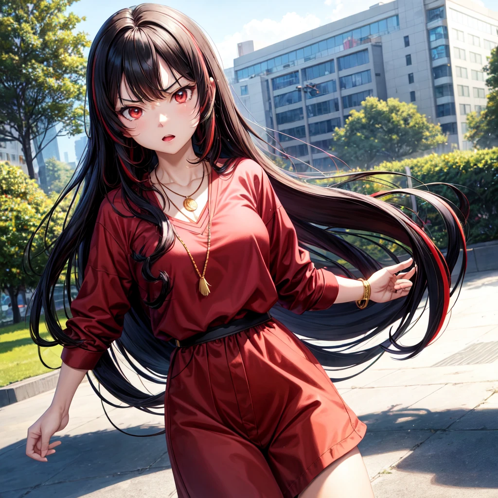 anime panel,upper body, 1girl solo,Korean, long hair,black hair,curly hair, with red highlights , red slanted eyes, casual clothes, necklace, park background , angry , looking at the viewer