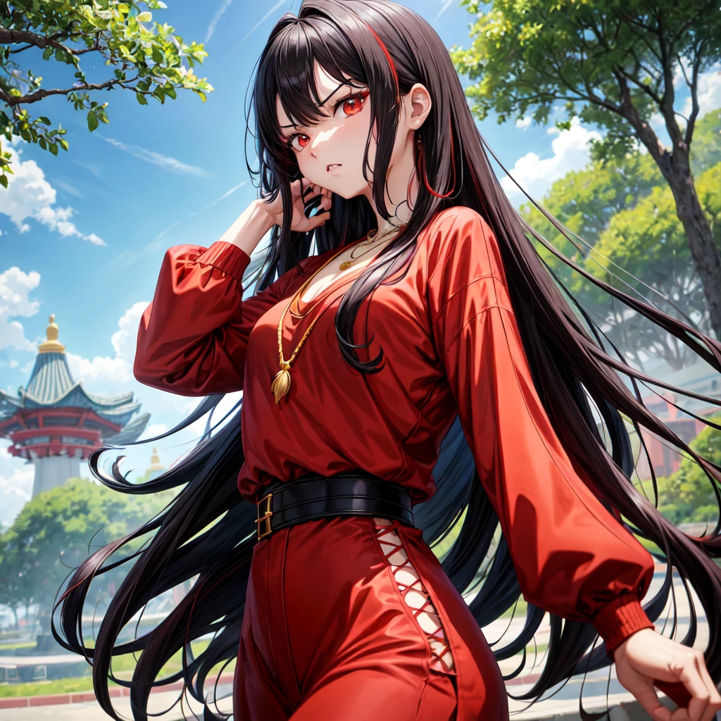 anime panel,upper body, 1girl solo,Korean, long hair,black hair,curly hair, with red highlights , red slanted eyes, casual clothes, necklace, park background , angry , looking at the viewer