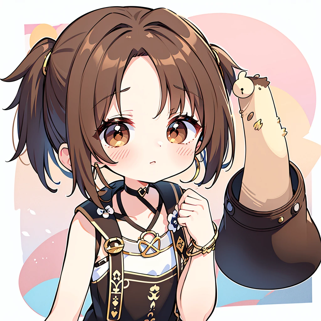 (((chibi))) 1girl、eyes browns、(Short brown hair)、(Short brown hair cacheado)、black jersey、shorts curto、gold hoop earrings、lineart、best qualityer、best details、better art、best colors、Full HD、work of art、illustration、