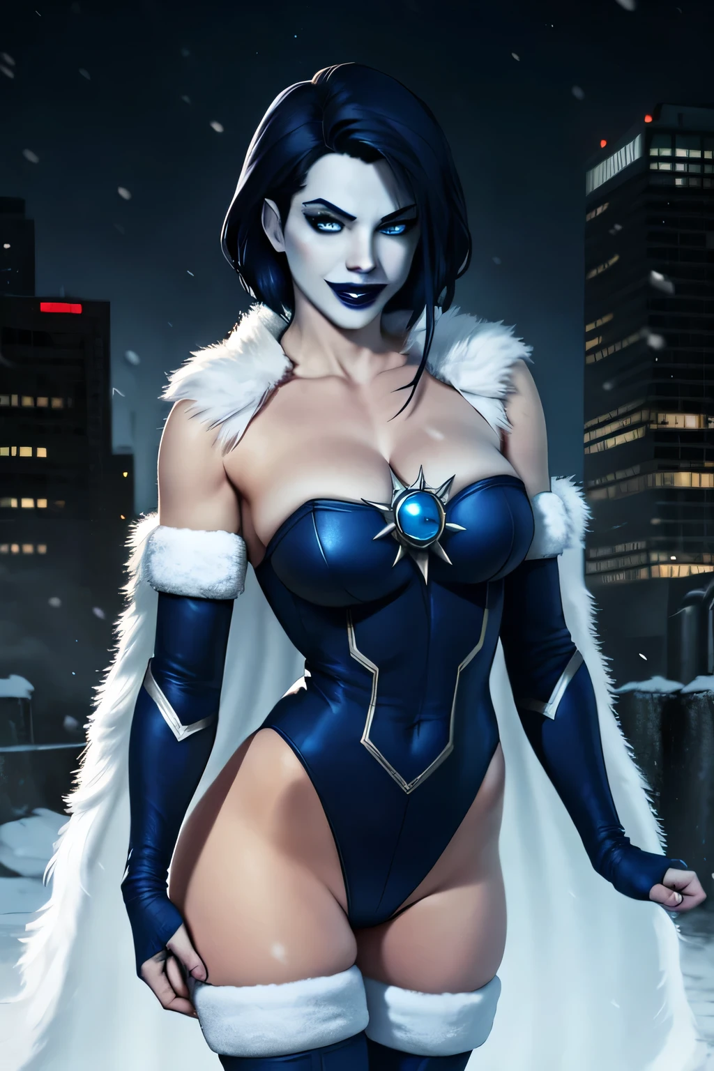 KillerFrost,short dark blue hair, solo, blue eyes, blue lips, blue skin,
KFattire,elbow gloves,thighhighs,fur trim,bridal gauntlets,thighs,boots,detached sleeves,blue leotard,collarbone,
standing, upper body, evil smile, midriff, cleavage, white cape,
ice park, Gotham city, night, snow,
(insanely detailed, beautiful detailed face, masterpiece, best quality)