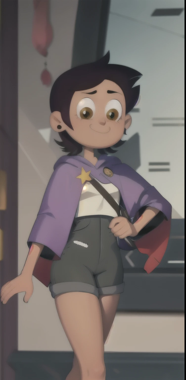 1 girl, Masterpiece, (detailed background), Best Quality, absurdities,
looking at the viewer, smiling, dakimakura, jean shorts, Purple Hoodie, diaphragm, White background, white loafers, Thighs, knee socks,
noceda light,