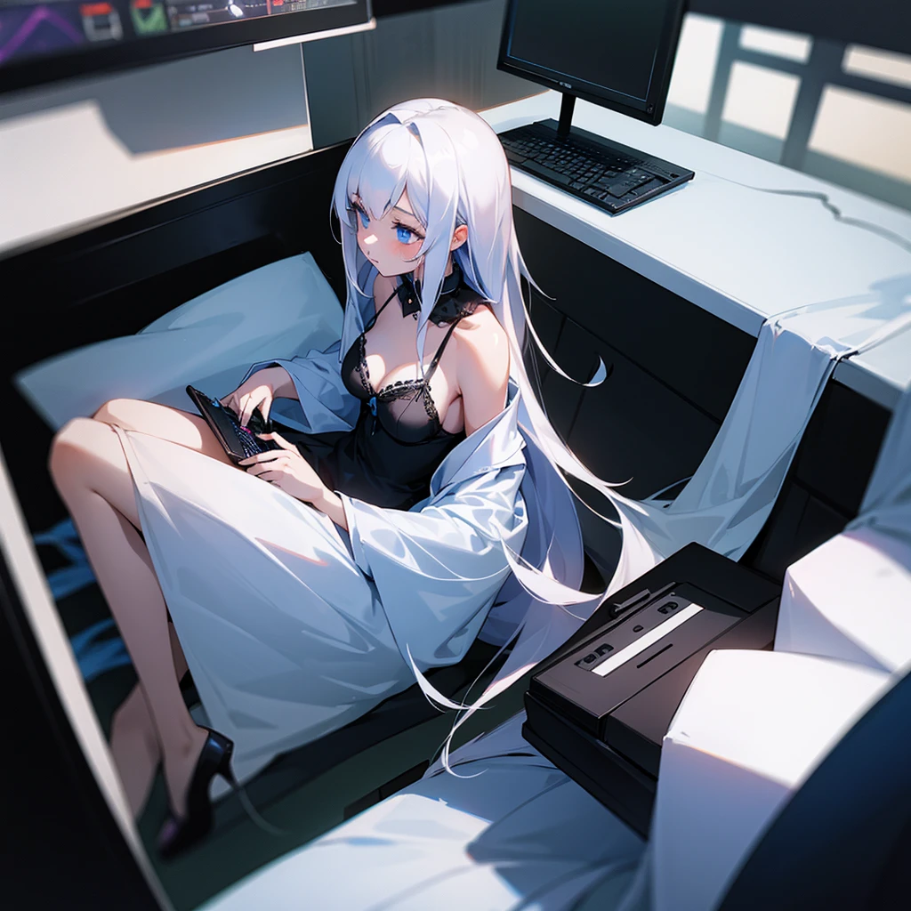 A girl with white long hair in black lingerie sits playing games on a gaming laptop