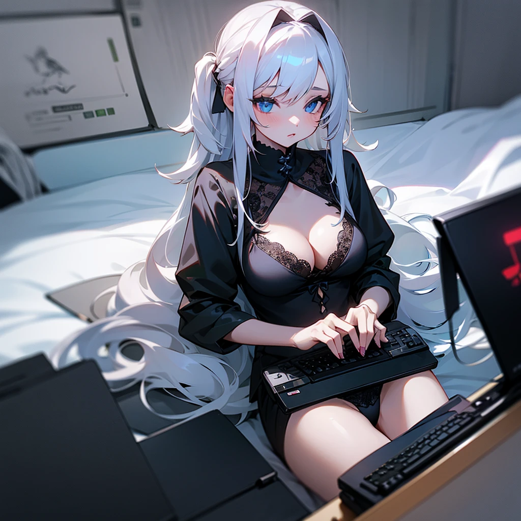 A girl with white long hair in black lingerie sits playing games on a gaming laptop
