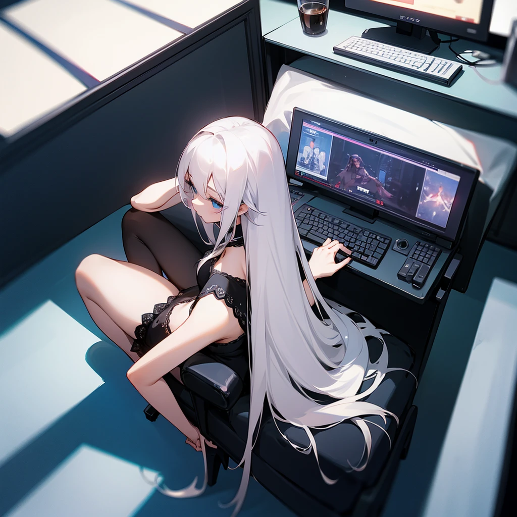 A girl with white long hair in black lingerie sits playing games on a gaming laptop