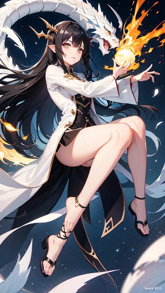 with a dragon appearance and black hair and a white streak, and star details , whole body