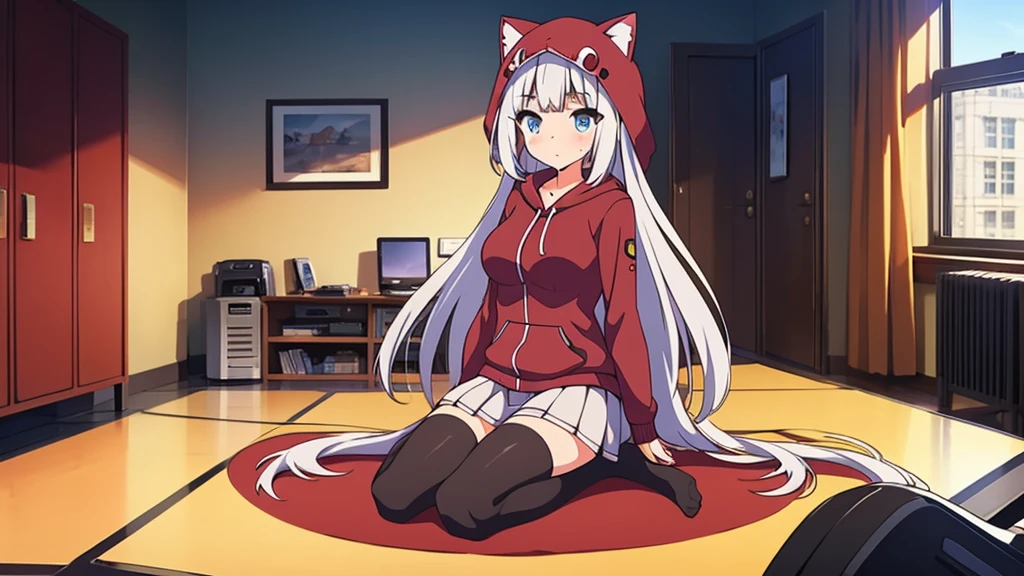 Girl long white hair blue eyes blush on face in PC gaming room Short pleated skirt long stockings cat hoodie great quality 8k very detailed image perfect anatomy full body