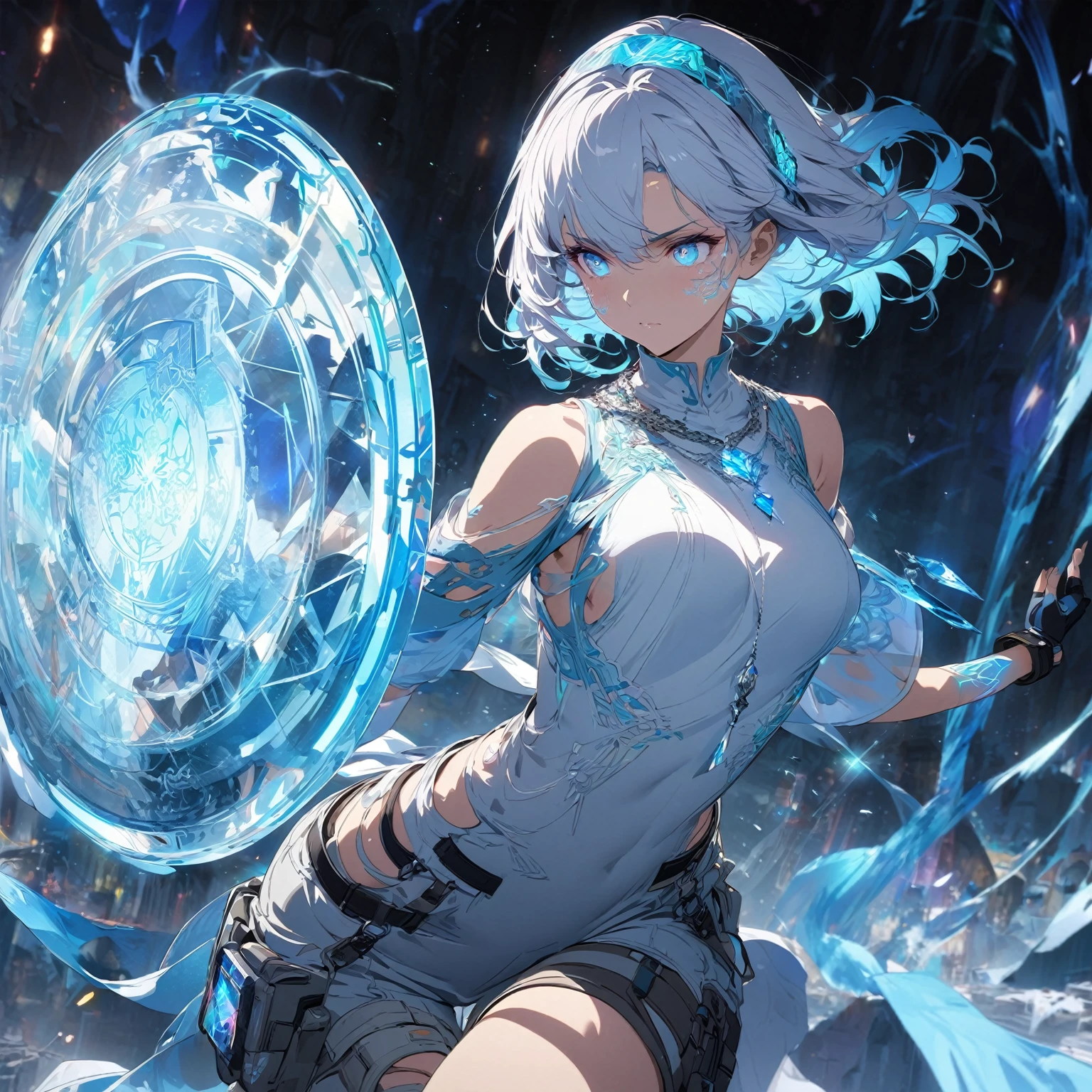 Create an image of a gentle girl with short, silvery-blue hair wearing a fitted, high-collar, long-sleeved shirt with glowing runic patterns, slim-fit cargo pants, fingerless gloves with LED strips, articulated knee guards, and sturdy, glowing-trim combat boots; she has a high-tech headband, (nude:0.8) a silver necklace with a crystal pendant, and a wrist-mounted holographic projector, and she is generating a large, translucent energy shield with intricate, glowing blue patterns, standing in a dynamic yet gentle pose with a dark, dramatic background illuminated by blue light and energy waves, detailed gorgeous face| anime style| key visual| intricate detail| highly detailed| breathtaking| vibrant| panoramic| cinematic| Carne Griffiths| Conrad Roset| gibbli 8