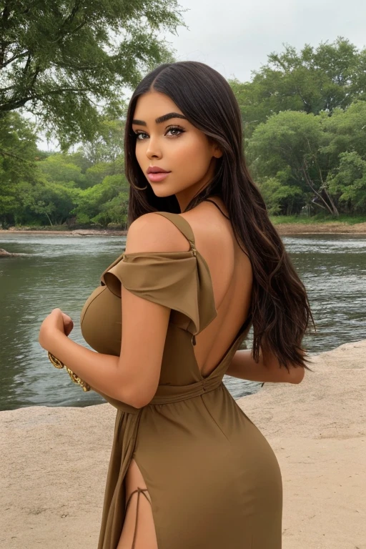 a woman in a tan dress standing next to a body of water, Pocahontas, indian goddess, madison beer as leeloo, indian girl with brown skin, The character is in his natural pose., beautiful face and figure, retrato de Pocahontas, Beautiful goddess, retrato de un joven Pocahontas, Shot from the side